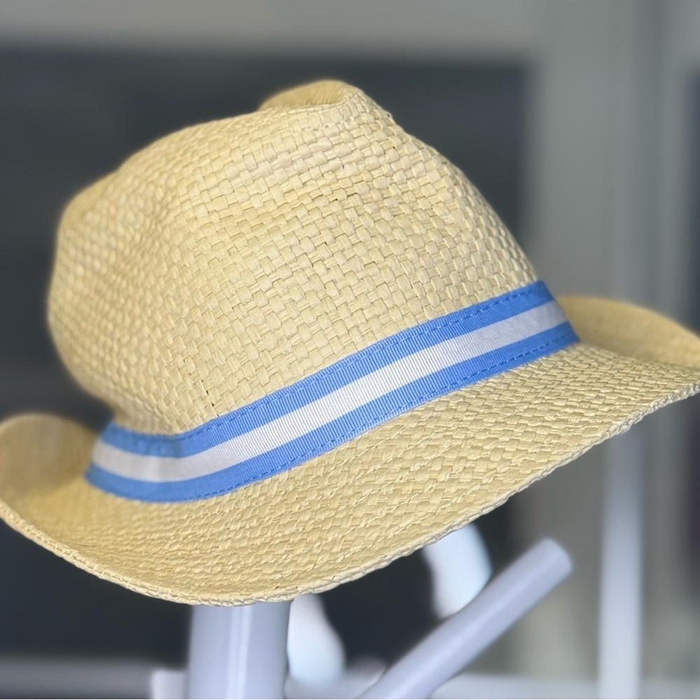 Janie and Jack Tan Straw Hat with Blue Stripe